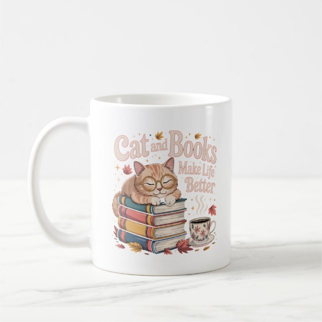 Café Capa de Caneca Gato Lendo Livros Design de Outono (Esquerda)