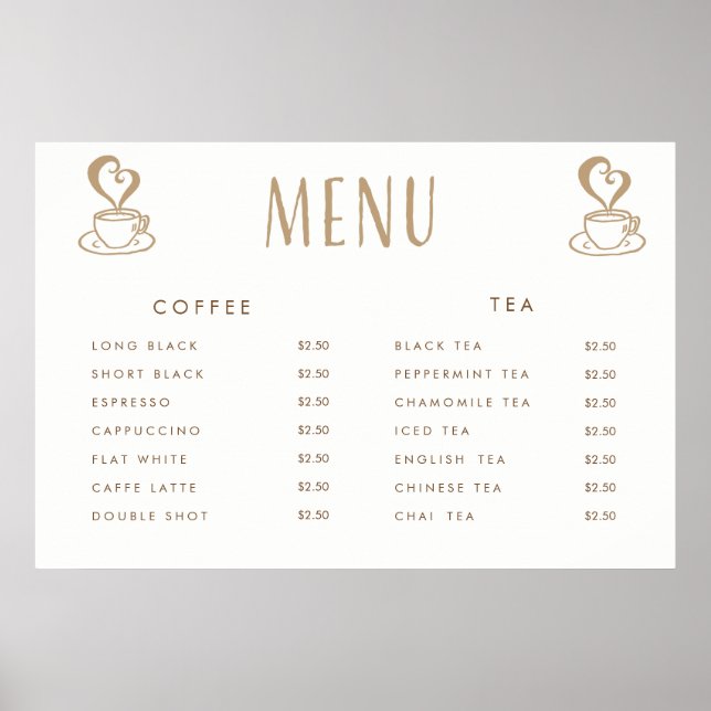 Café Cardápio de Preços de Cafeteria Poster Person (Frente)
