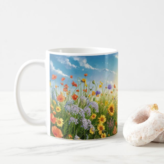 Café Cena natural de girassóis e céu azul Caneca (Com Donut)