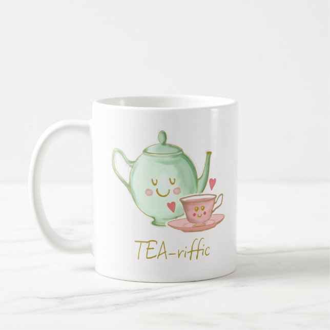Café Chá, bule, chá, boi, corações e caneca de rosa (Esquerda)