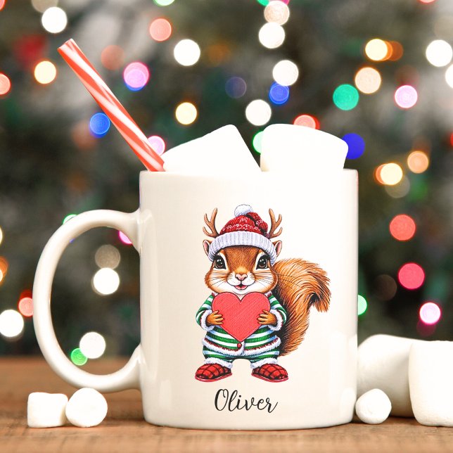 Café Crianças, esquadrão, caneca de Natal (Merry Christmas reindeer squirrel, custom mug. )