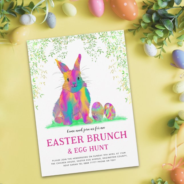 Café da Manhã Caça aos Ovos de Páscoa Coelho Cor-d (Easter brunch egg hunt cute pink bunny colorful watercolor Easter eggs garden party budget invites)