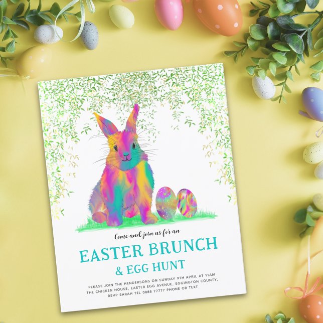 Café da Manhã de Caça aos Ovos de Páscoa Coelho Co (Easter egg hunt spring brunch cute colorful watercolor Easter bunny garden party budget invitation)