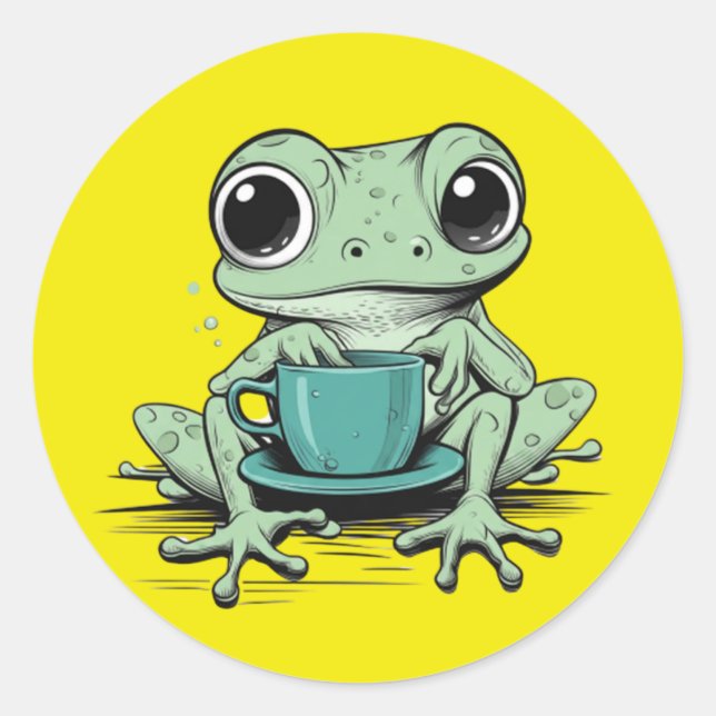 Café de Sapo Fofo Adesivo Redondo | Sapo Engraçado (Frente)