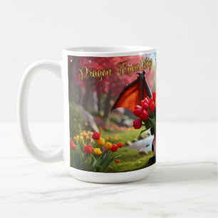 Café Dragão com tulipas vermelhas. Caneca de 425ml