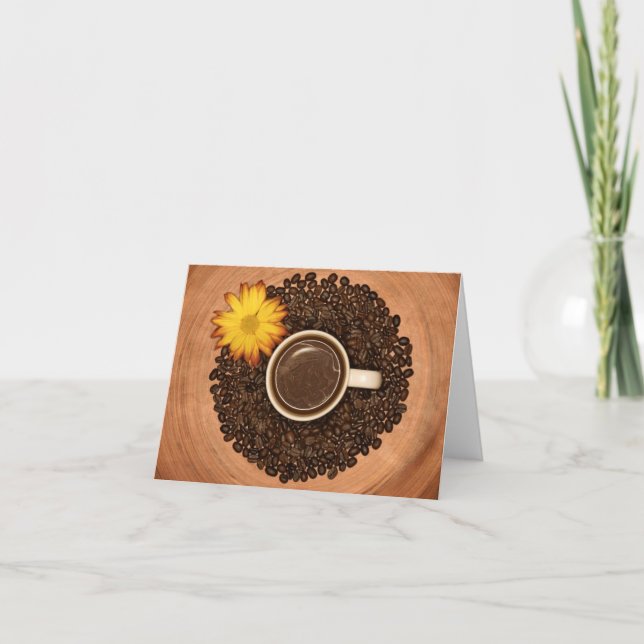 Café e Cartão de Nota de Flor Amarelo (Frente)