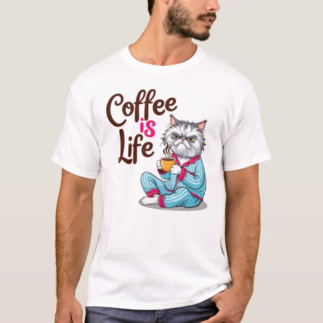 Café é Vida com Camisa de Gato Engraçado (Frente)