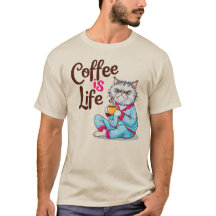 Café é Vida com Camisa de Gato Engraçado