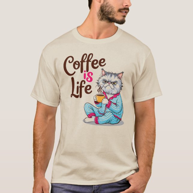 Café é Vida com Camisa de Gato Engraçado (Frente)