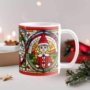 Café Elf na Shelf Stain Glass Art na caneca de Natal