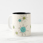Café Em Dois Tons Caneca atômica icónica do Dois-Tom de Starbursts<br><div class="desc">Este teste padrão atômico icónico da caneca do Dois-Tom de Starbursts caracteriza starbursts atômicos icónicos. Isso é direito! A velha escola, o fundo colorido de creme com salpicos do ouro é o contexto perfeito para a turquesa vibrante, o aipo reconfortante, e os círculos coloridos do verde kitschy da pera. Os...</div>