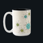 Café Em Dois Tons Caneca atômica icónica do Dois-Tom de Starbursts<br><div class="desc">Este teste padrão atômico icónico da caneca do Dois-Tom de Starbursts caracteriza starbursts atômicos icónicos. Isso é direito! A velha escola, o fundo colorido de creme com salpicos do ouro é o contexto perfeito para a turquesa vibrante, o aipo reconfortante, e os círculos coloridos do verde kitschy da pera. Os...</div>