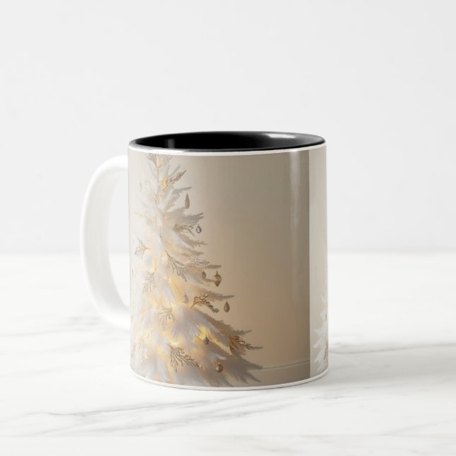 Café Em Dois Tons Caneca com Embrulho de Árvore de Natal (Frente Esquerda)