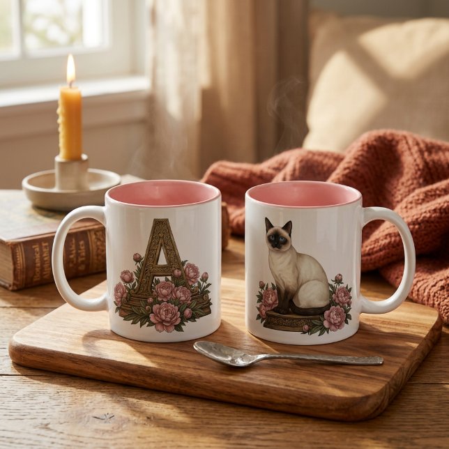 Café Em Dois Tons Caneca com Monograma de Gato Siames (Siamese Cat Monogram Mug - Personalized Initial Mug -Elegant Cat Lover Gift - Blue Eyes Cat Coffee )