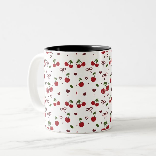 Café Em Dois Tons Caneca com padrão de cereja e laço  (Frente Esquerda)