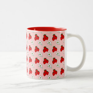 Café Em Dois Tons Caneca com padrão de morango e flor vermelho retrô