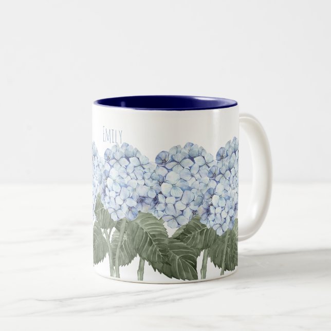 Café Em Dois Tons Caneca Contraste Flores Azuis de Hortênsia (Frente Esquerda)