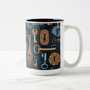 Café Em Dois Tons Caneca das chaves de Steampunk e do teste padrão