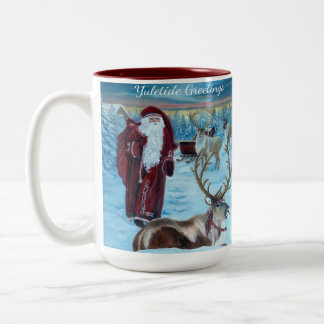 Café Em Dois Tons Caneca de 15 oz. com Papai Noel e Rena Pintados No
