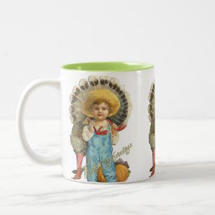 Café Em Dois Tons Caneca de Ação de Graças Vintage Menino com Peru