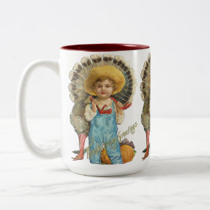 Café Em Dois Tons Caneca de Ação de Graças Vintage Menino com Peru