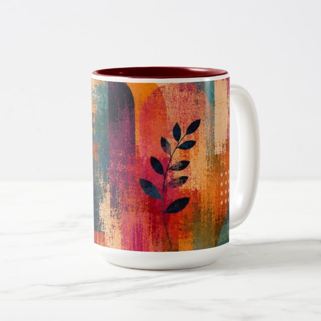 Café Em Dois Tons Caneca de Acento Botânico Abstrato (Frente Esquerda)