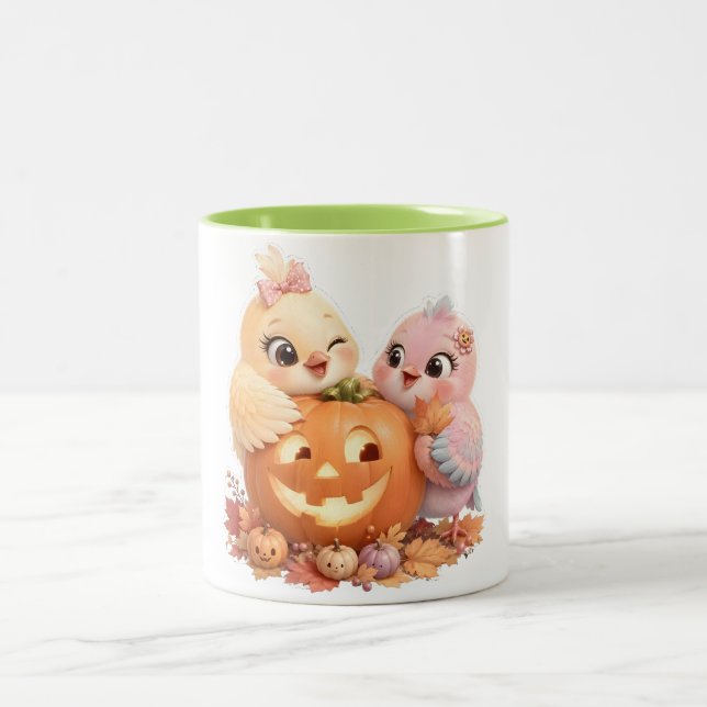 Café Em Dois Tons Caneca de Amigos de Pássaros de Halloween Doce (Centro)