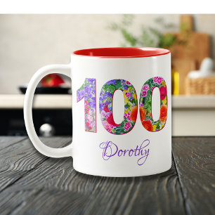 Café Em Dois Tons Caneca de aniversário 100 anos nome floral caneca