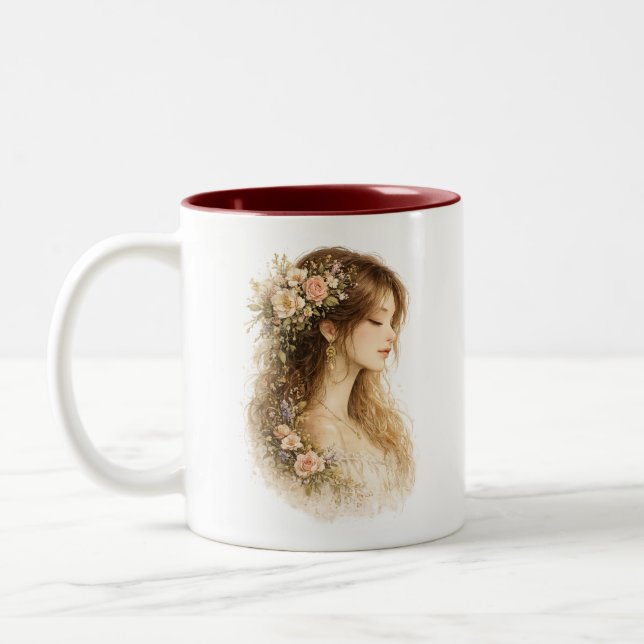 Café Em Dois Tons Caneca de Aquarela com Perfil Botânico Feminino (Esquerda)