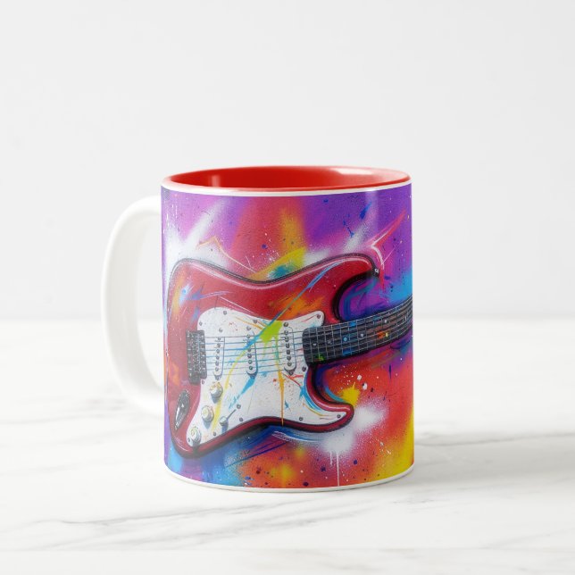 Café Em Dois Tons Caneca de Arte com Guitarra Elétrica Estilo Grafit (Frente Esquerda)