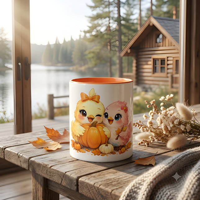 Café Em Dois Tons Caneca de aves e abóbora de Halloween fofa (Criador carregado)