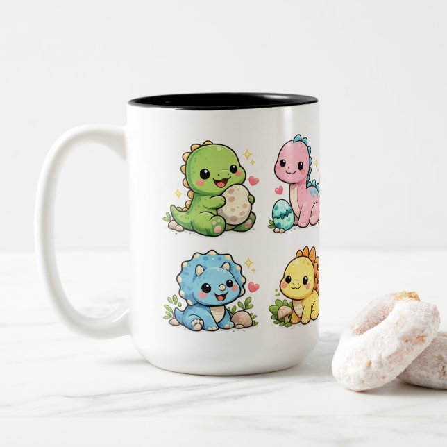 Café Em Dois Tons Caneca de Bebês Dinossauros Kawaii Fofos | Dinossa (Com Donut)