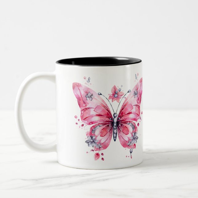 Café Em Dois Tons Caneca De Borboleta De Aquarela, Cor De Rosa, Insc (Esquerda)