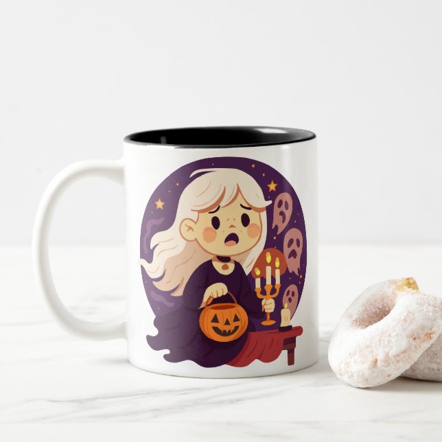 Café Em Dois Tons Caneca de Bruxa de Halloween Assustador – Fantasma (Com Donut)