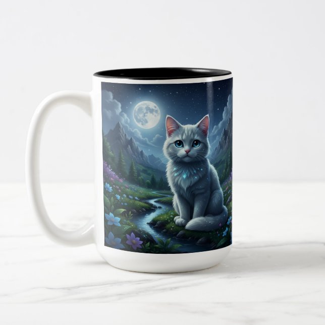 Café Em Dois Tons Caneca de Cerâmica do Gato Enfeitiçado ao Luar (Esquerda)