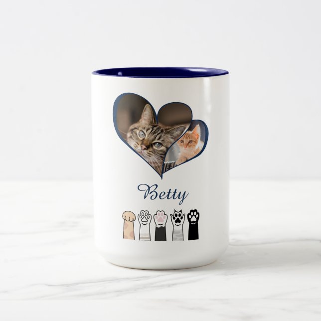Café Em Dois Tons Caneca de Foto de Gato Personalizada com Nome Cust (Centro)