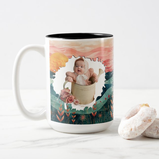 Café Em Dois Tons Caneca de Foto Personalizada 2 com Texto Presente (Com Donut)