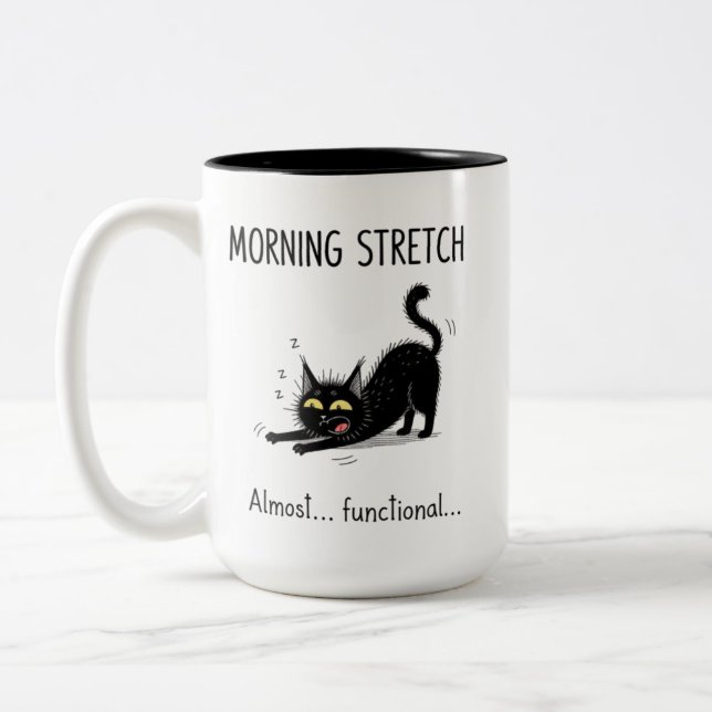 Café Em Dois Tons Caneca de Gato Engraçado Alongamento Matinal Quase (Esquerda)