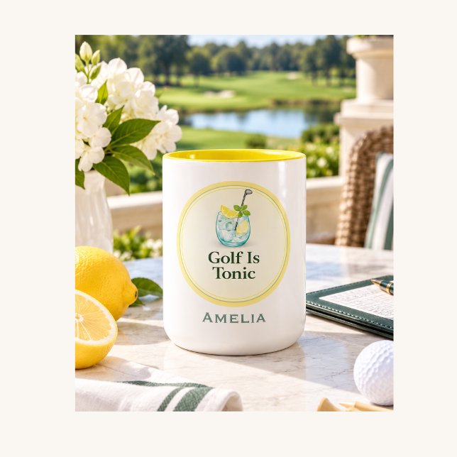 Café Em Dois Tons Caneca de Golfe Personalizada para Ela | Golfe É T (Personalized Golf Is Tonic mug styled for ladies golf, birthdays, club days and thoughtful gifts.)