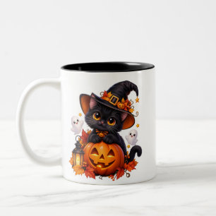 Café Em Dois Tons Caneca de Halloween de Abóbora de Gato Preto Fofa 