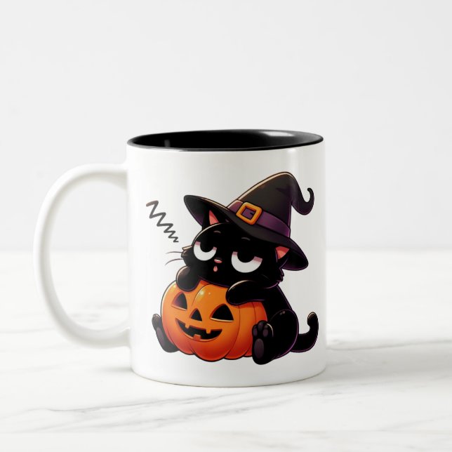 Café Em Dois Tons Caneca de Halloween de Gato Bruxa Abraçando Abóbor (Esquerda)