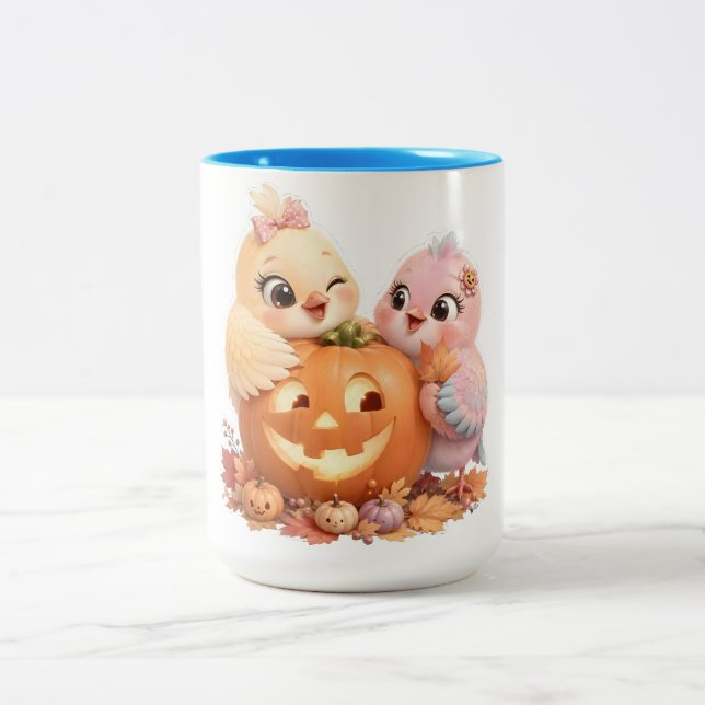 Café Em Dois Tons Caneca de Halloween Pássaros & Abóbora (Centro)