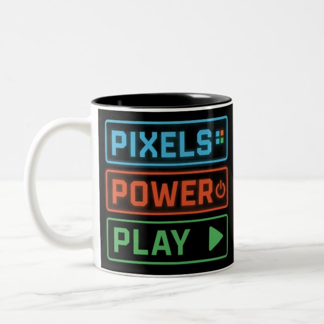 Café Em Dois Tons Caneca de Jogo – Pixels Power Play Neon Coffee Cup (Esquerda)