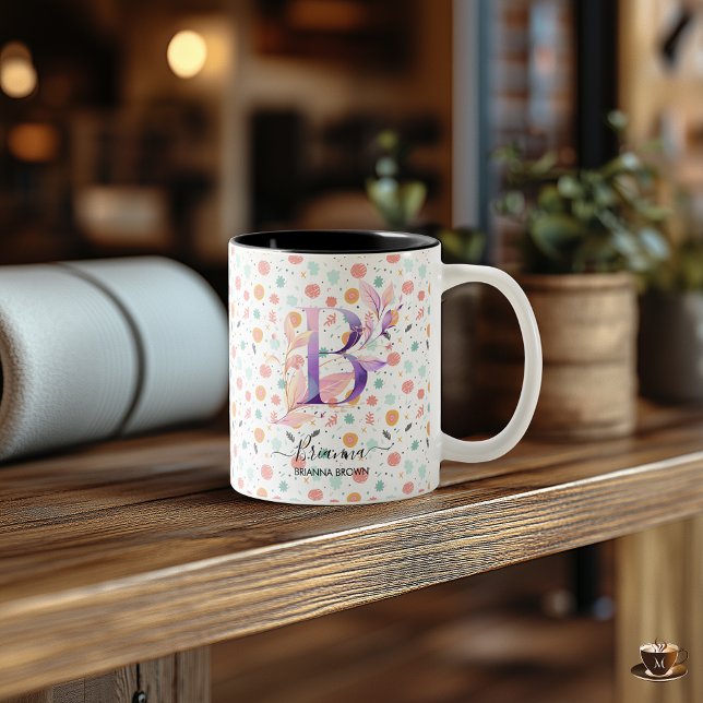 Café Em Dois Tons Caneca de Monograma Floral Boho Chic Abstrata Pers (Criador carregado)