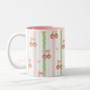 Café Em Dois Tons Caneca de Morango Fofo com Laço Rosa e Listras Ond