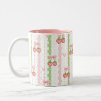 Café Em Dois Tons Caneca de Morango Fofo com Laço Rosa e Listras Ond