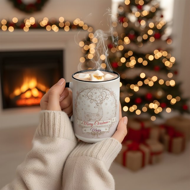 Café Em Dois Tons Caneca de Natal para Mulher – Rena Personalizada (Criador carregado)