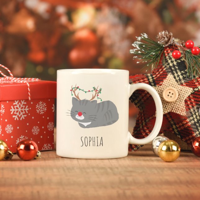 Café Em Dois Tons Caneca de Natal Personalizada, Reindeer Gato (Criador carregado)