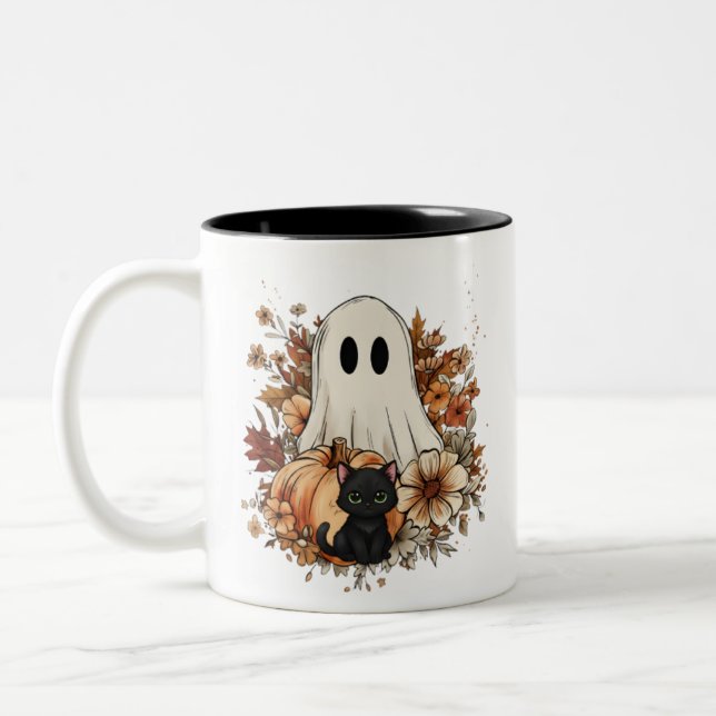 Café Em Dois Tons Caneca de outono personalizada com fantasma fofo e (Esquerda)