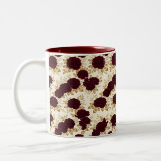 Café Em Dois Tons Caneca de padrão floral rosa bordô e dourado de lu